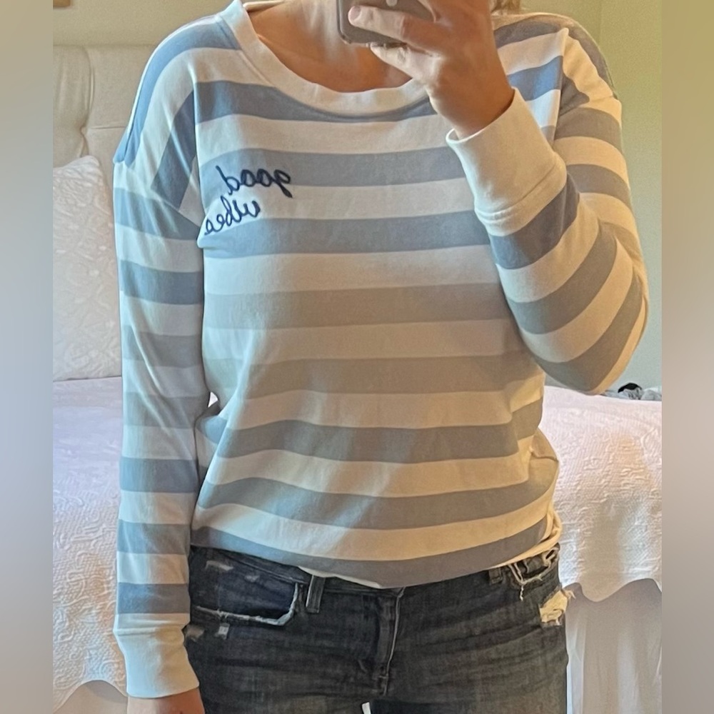 Doe. Good Vibes Sweatshirt - blue and white stripped - size small.